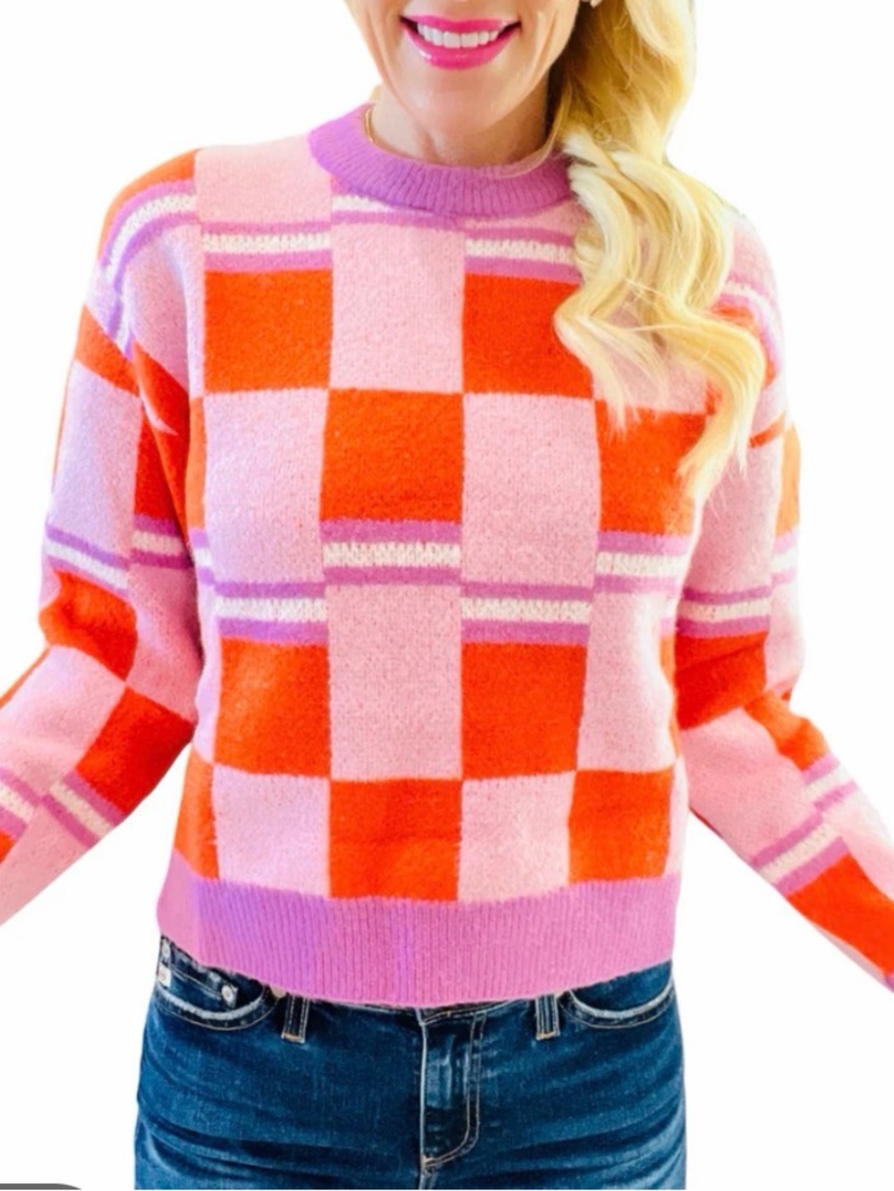THML Pink, Orange & Purple Checker Crewneck Sweater